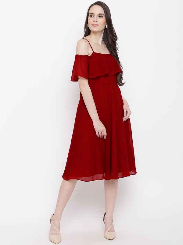 Maroon Coloured Solid Skater Dress in Maroon