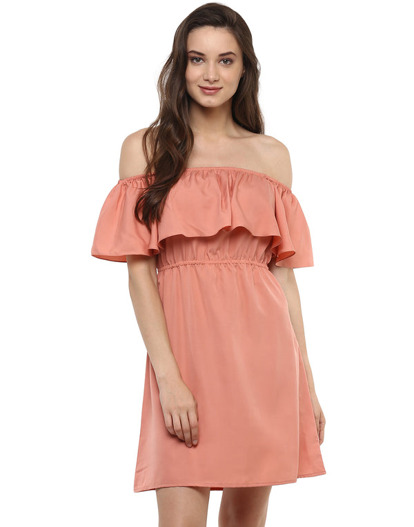 Off shoulder frill mini dress in Dusty Pink