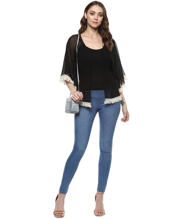 Front Open Fringe Lace Shrug in Black