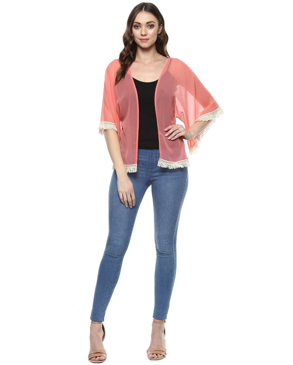 Front Open Fringe Lace Shrug in Peach
