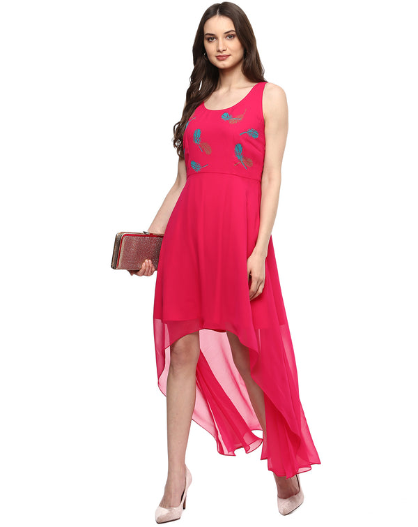 High Low Maxi Dress with printed yoke in Pink