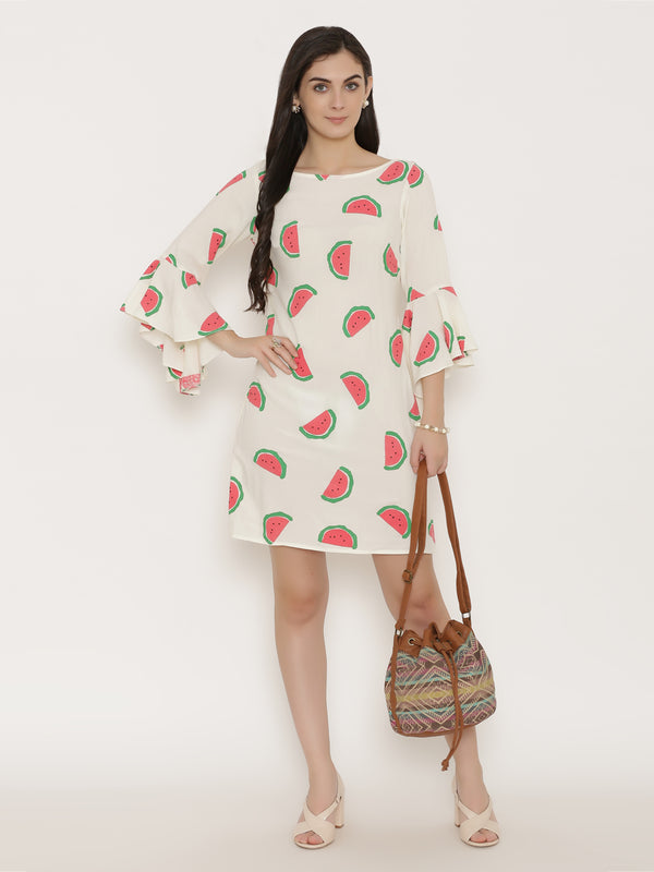 Bell Sleeve Block printed Dress in Off White