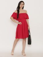 Off shoulder box pleat dress in Red