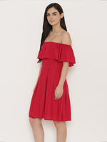 Off shoulder box pleat dress in Red