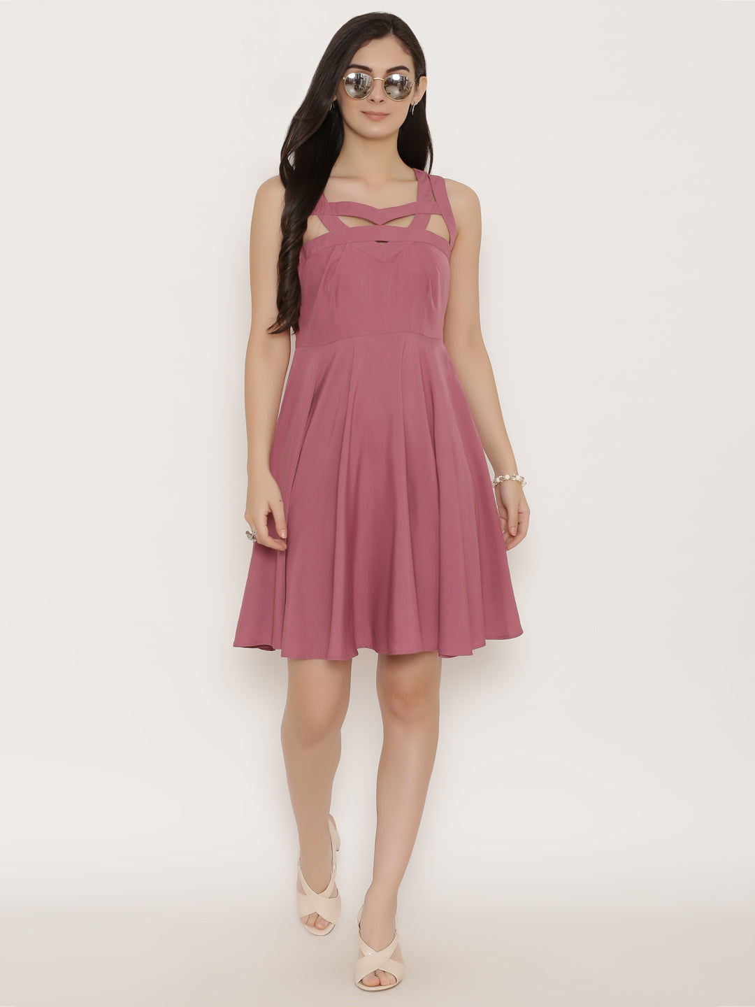 Cutout neck skater dress in Mauve
