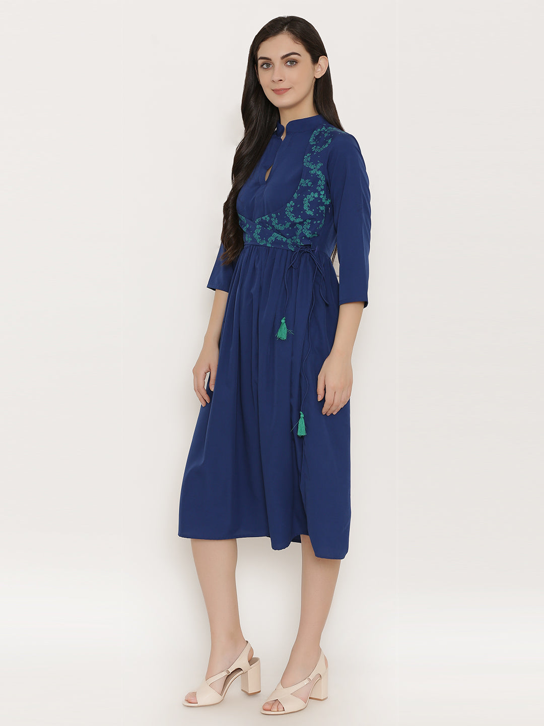 Midi dress with printed mock waistcoat in Midnight Blue