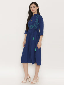 Midi dress with printed mock waistcoat in Midnight Blue