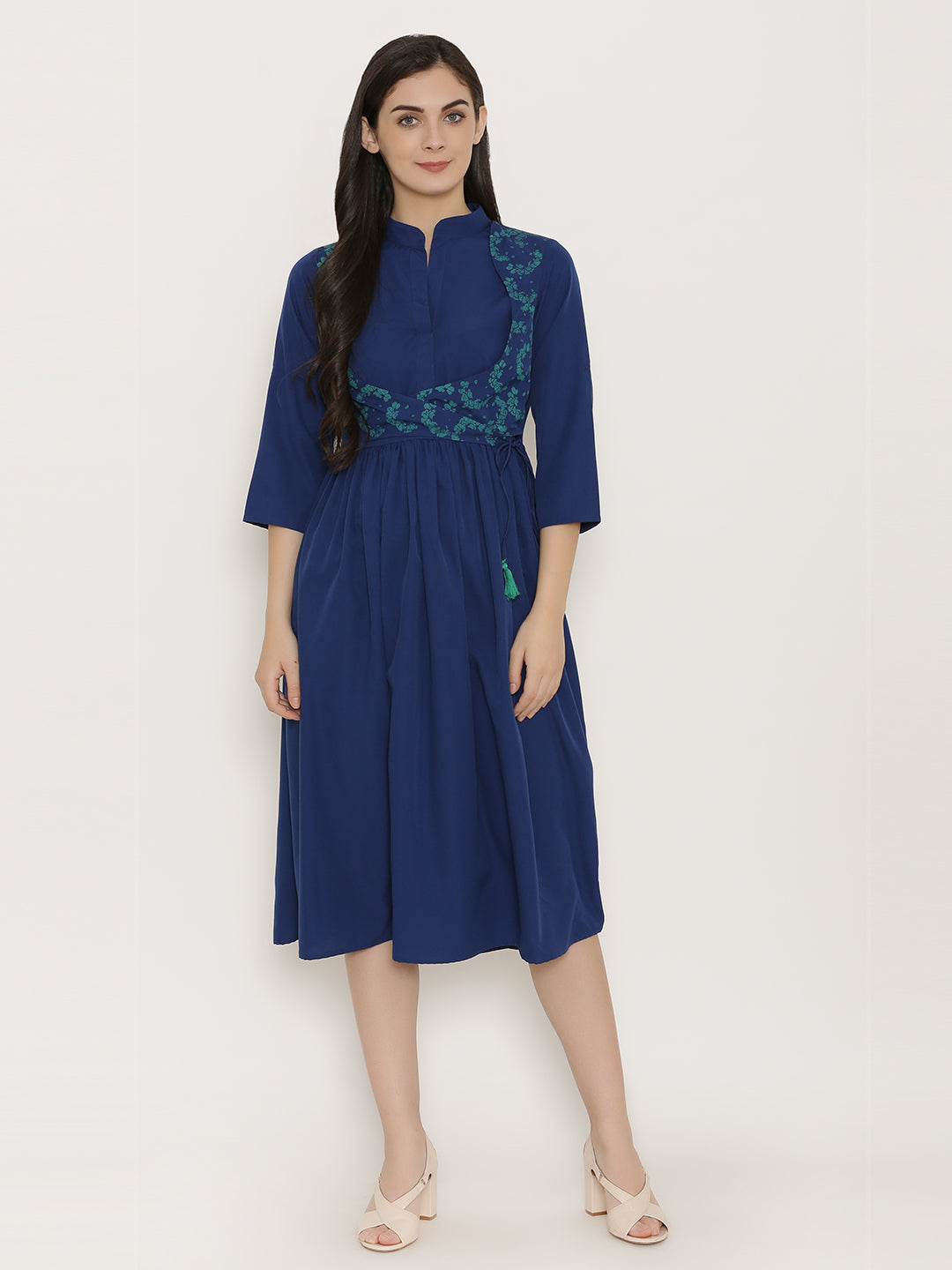 Midi dress with printed mock waistcoat in Midnight Blue