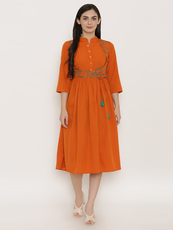 Midi dress with printed mock waistcoat in Rust