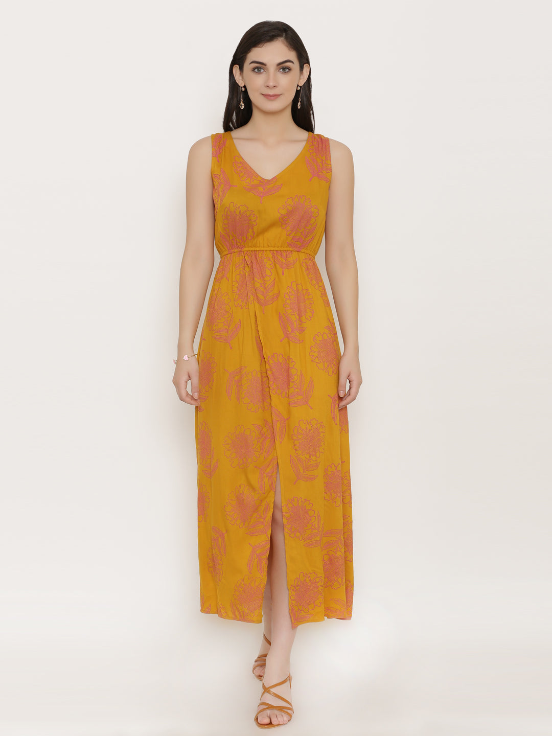 Block Printed Front overlap Maxi dress in Mustard