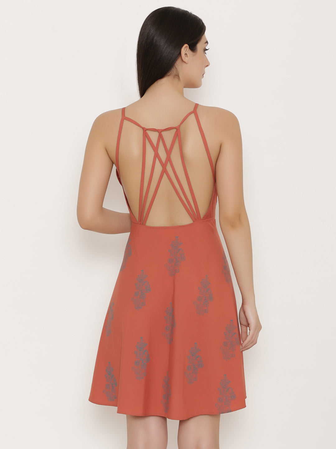 Backless with string design printed skater dress