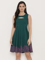 Front cut out skater dress with printed Hem in Forest Green