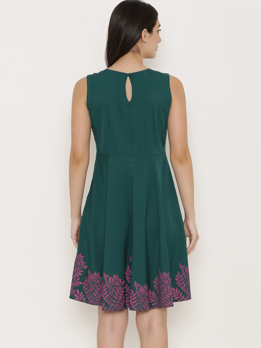 Front cut out skater dress with printed Hem in Forest Green