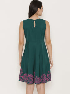 Front cut out skater dress with printed Hem in Forest Green