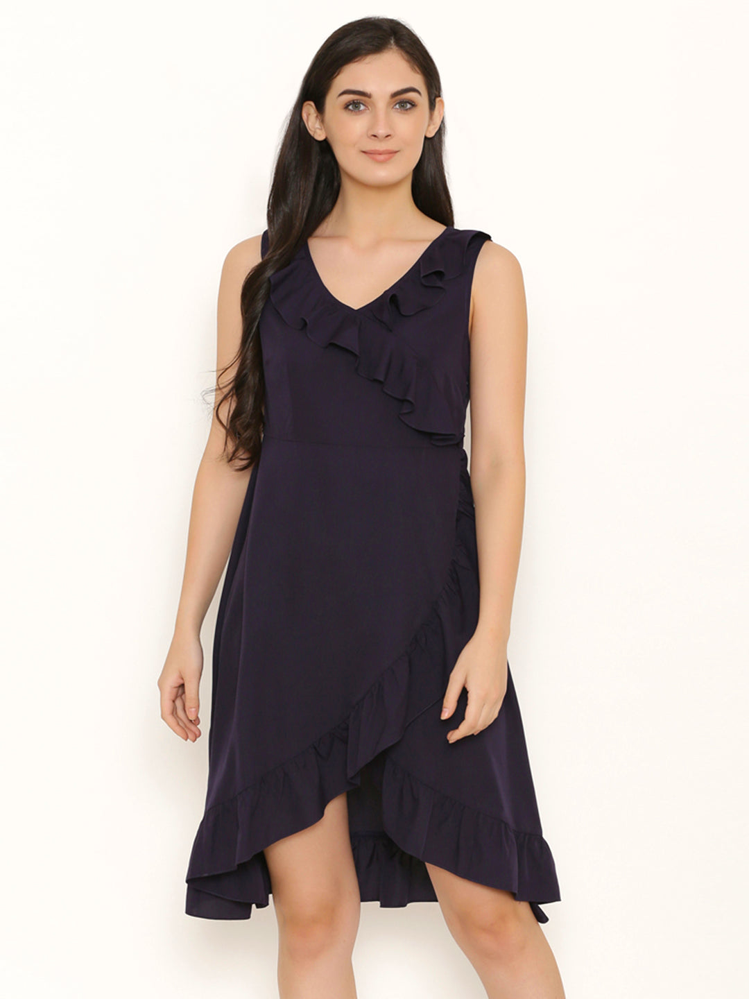 Overlap Dress with frill at neck and hem