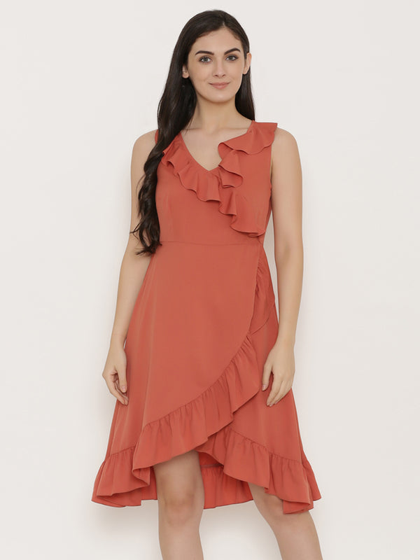 Overlap Dress with frill at neck and hem in Terrecotta Color