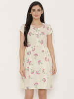 Short Block printed dress with front placket and side gathers in Off White