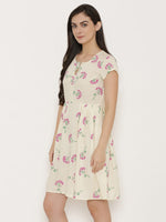 Short Block printed dress with front placket and side gathers in Off White