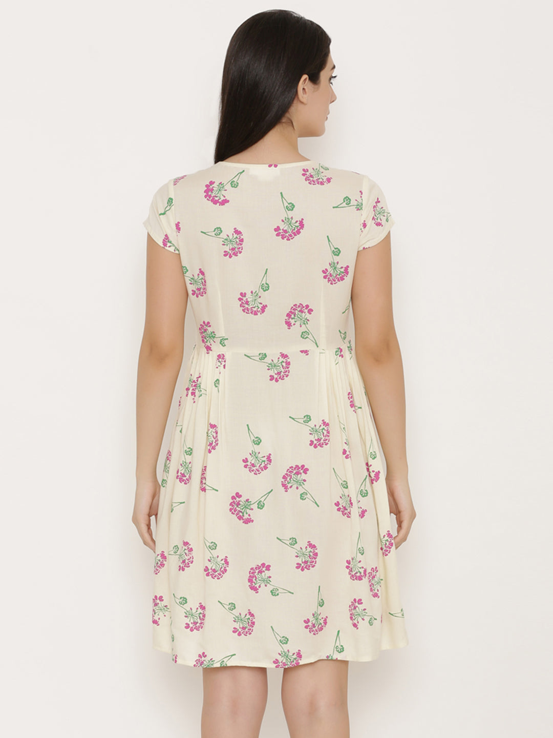 Short Block printed dress with front placket and side gathers in Off White