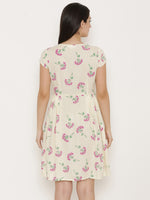 Short Block printed dress with front placket and side gathers in Off White