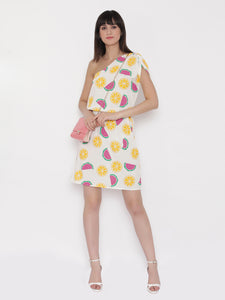 One shoulder Fruit Printed Dress with blouson waist