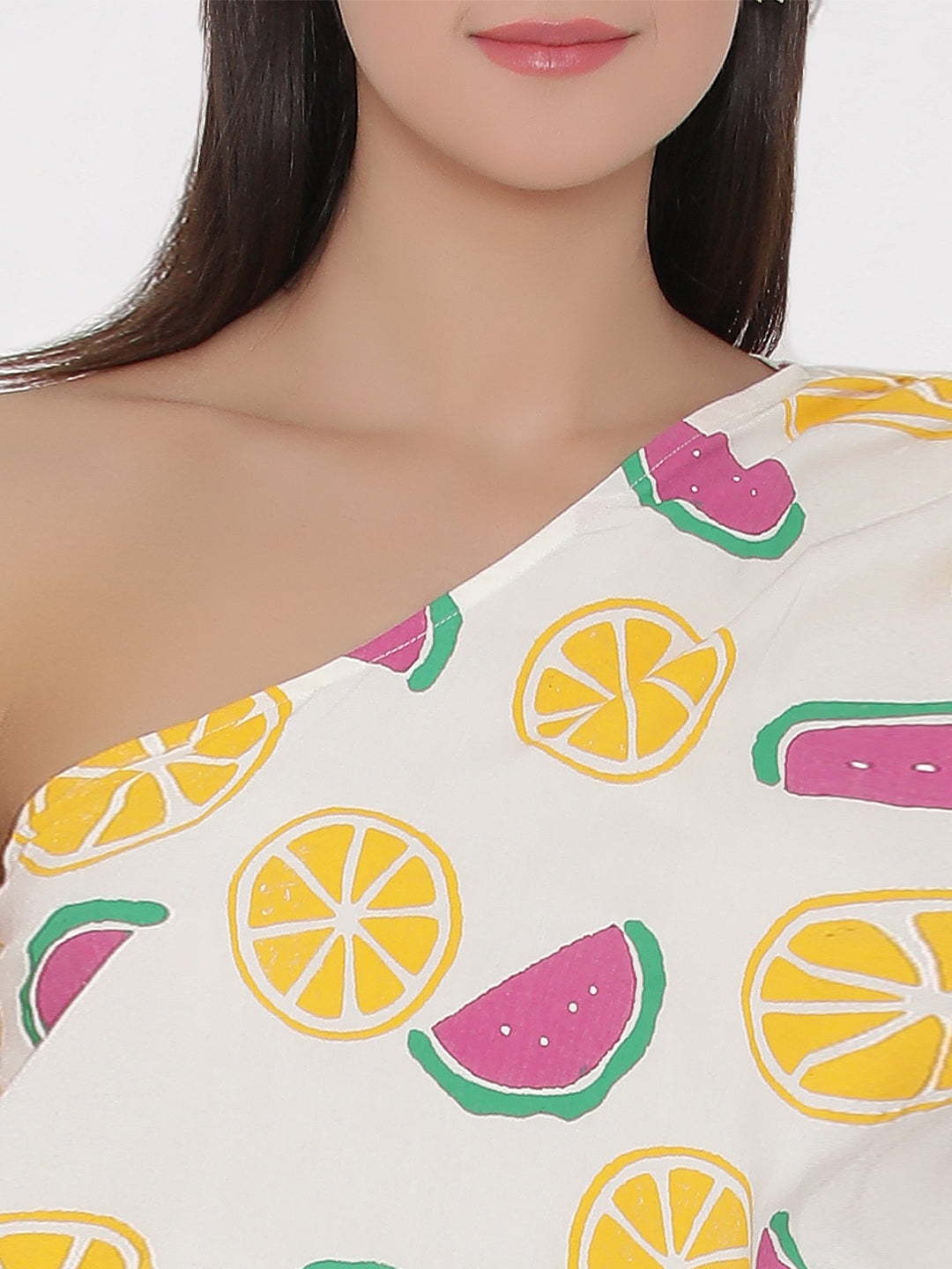One shoulder Fruit Printed Dress with blouson waist in Off white