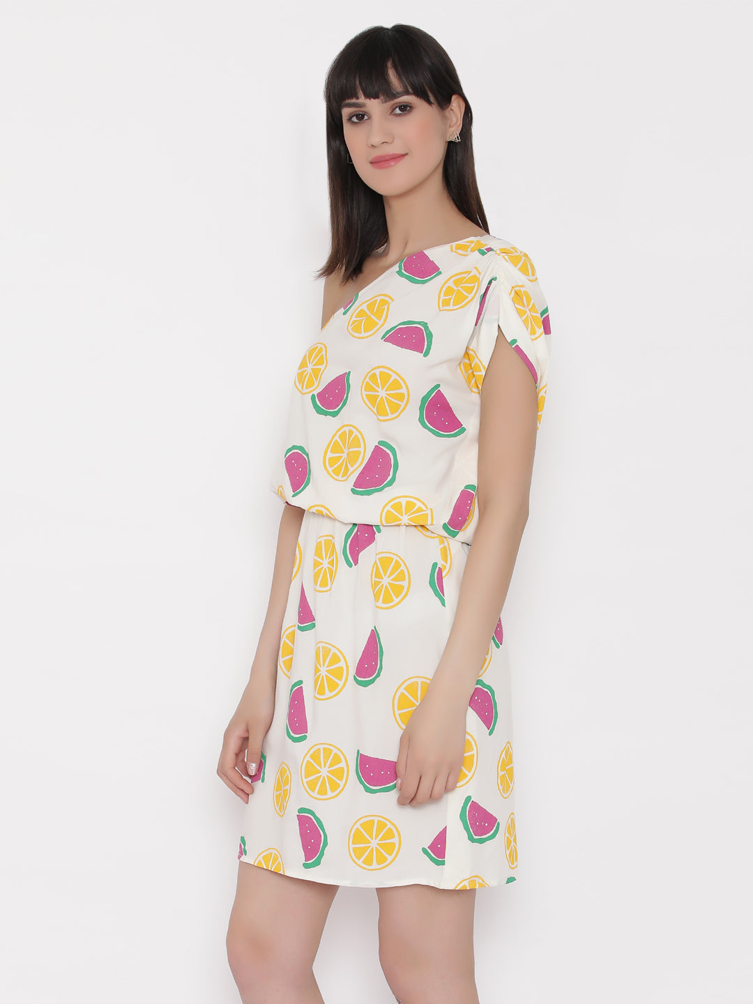 One shoulder Fruit Printed Dress with blouson waist in Off white