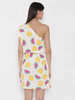 One shoulder Fruit Printed Dress with blouson waist in Off white