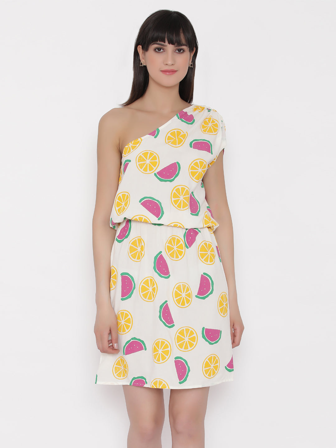 One shoulder Fruit Printed Dress with blouson waist