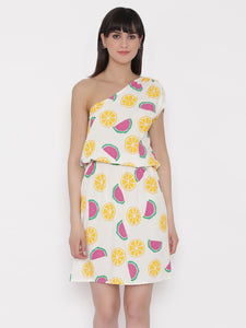 One shoulder Fruit Printed Dress with blouson waist in Off white
