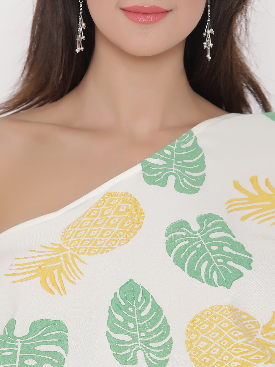 One shoulder Tropical Printed Dress with blouson waist