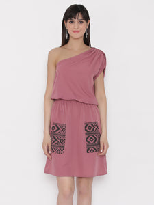 One shoulder Dress with blouson waist and patch pockets