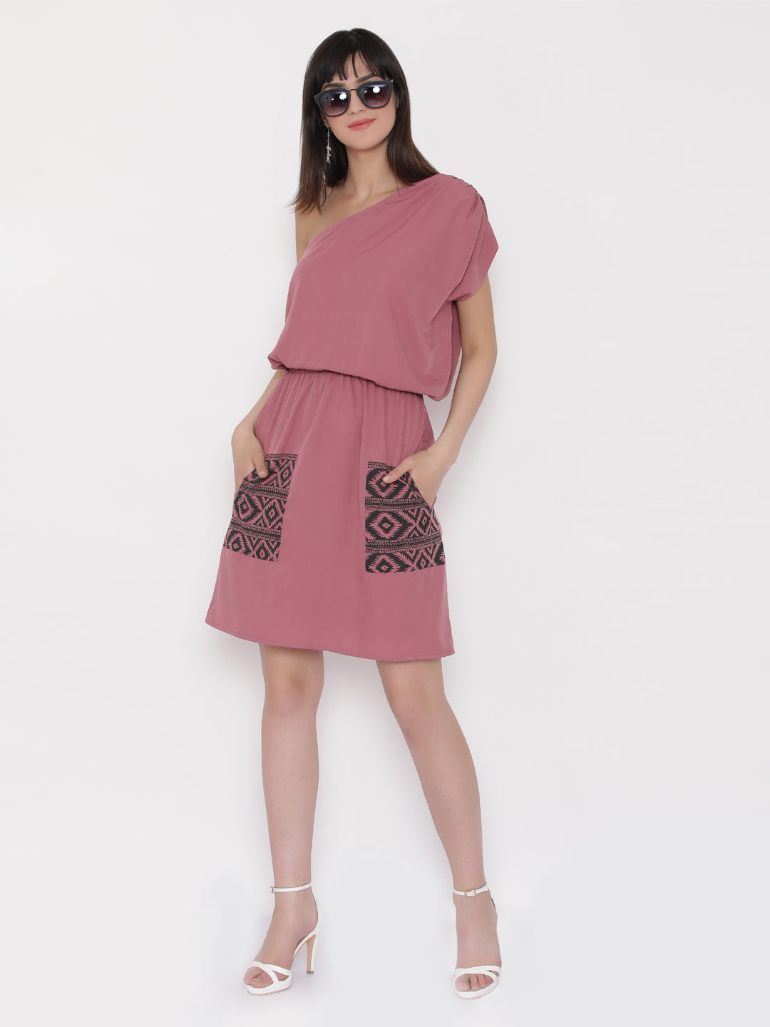 One shoulder Dress with blouson waist and patch pockets