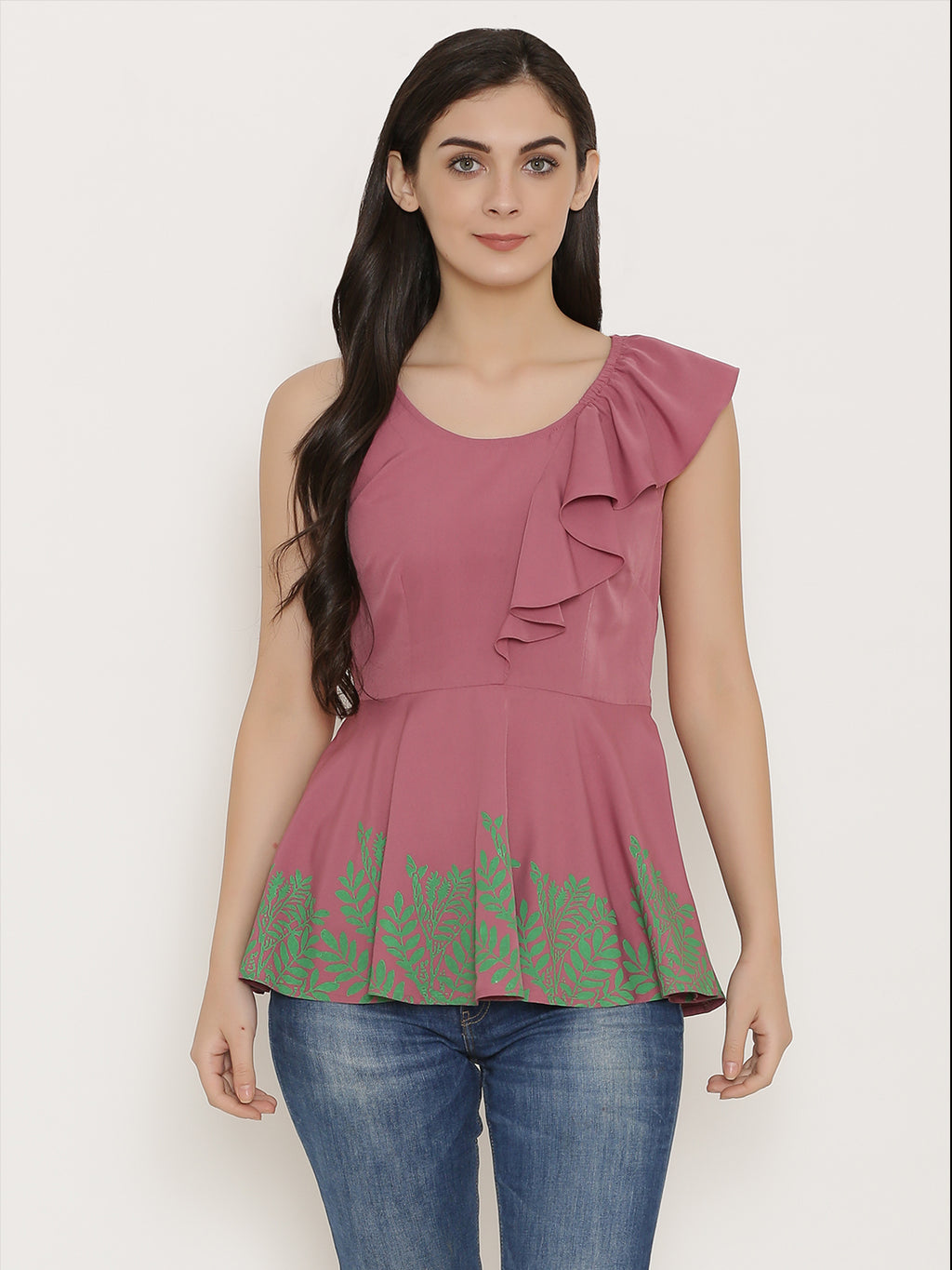 Peplum top with asymmetric ruffle and printed hem