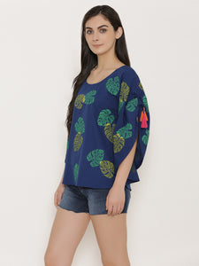 Leaf Print Shoulder tie circular Kaftan Top
