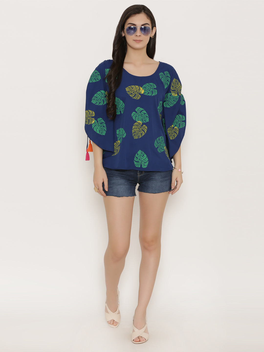 Leaf Print Shoulder tie circular Kaftan Top