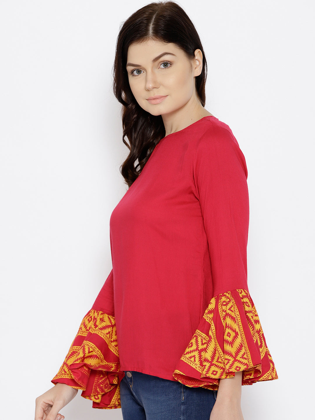 Ikat Printed bell sleeve boat neck top