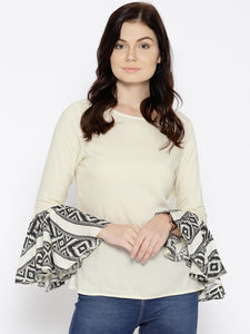 Ikat Printed bell sleeve boat neck top
