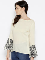 Ikat Printed bell sleeve boat neck top in Off white