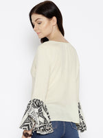 Ikat Printed bell sleeve boat neck top in Off white