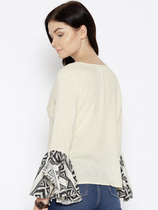 Ikat Printed bell sleeve boat neck top in Off white