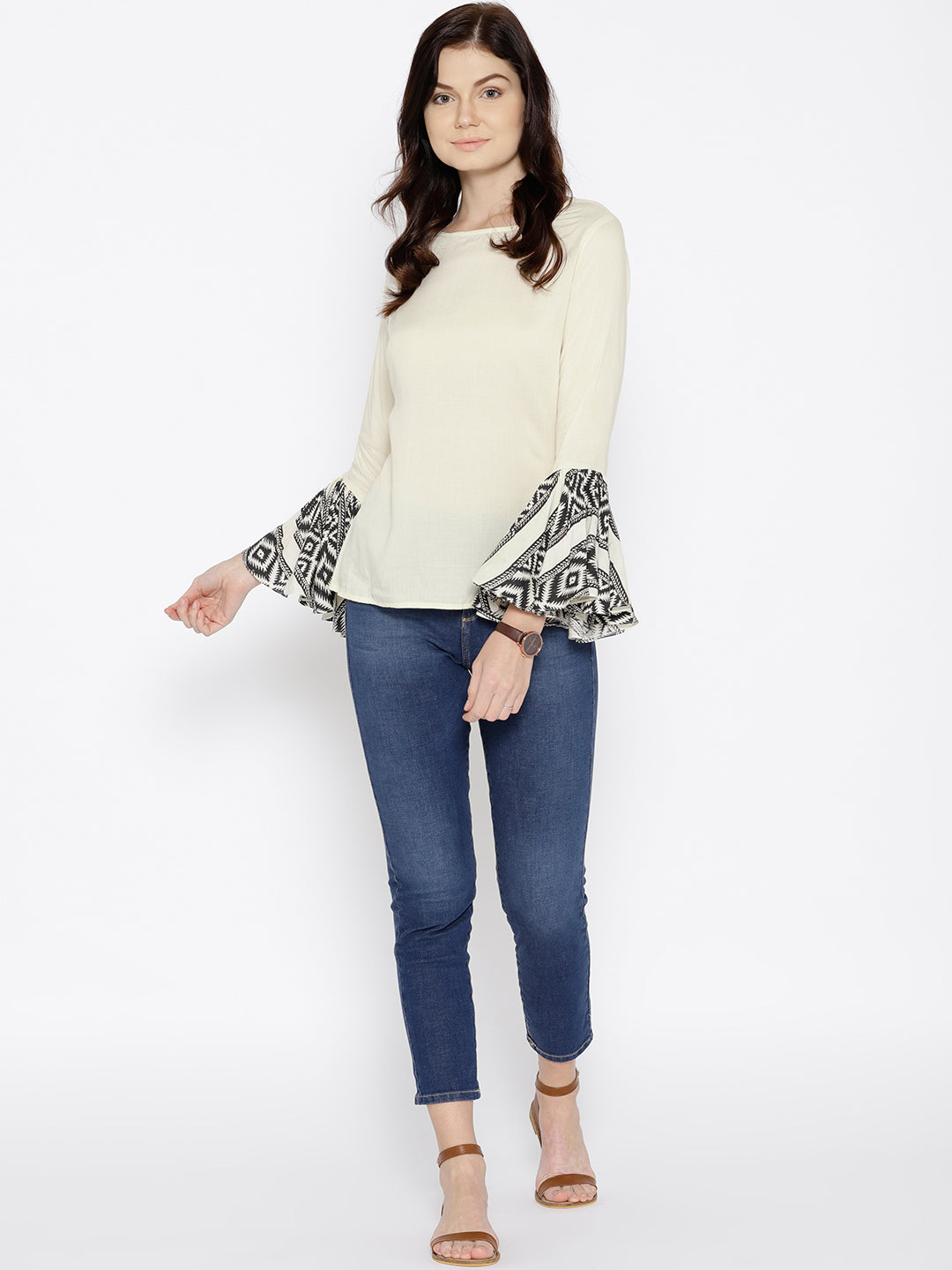 Ikat Printed bell sleeve boat neck top in Off white