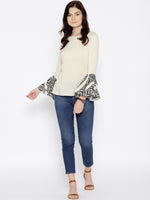Ikat Printed bell sleeve boat neck top in Off white
