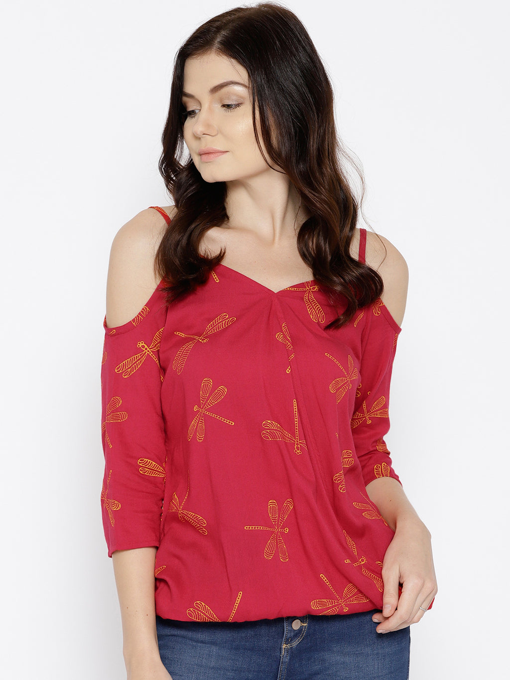 Cold Shoulder overlap printed Top