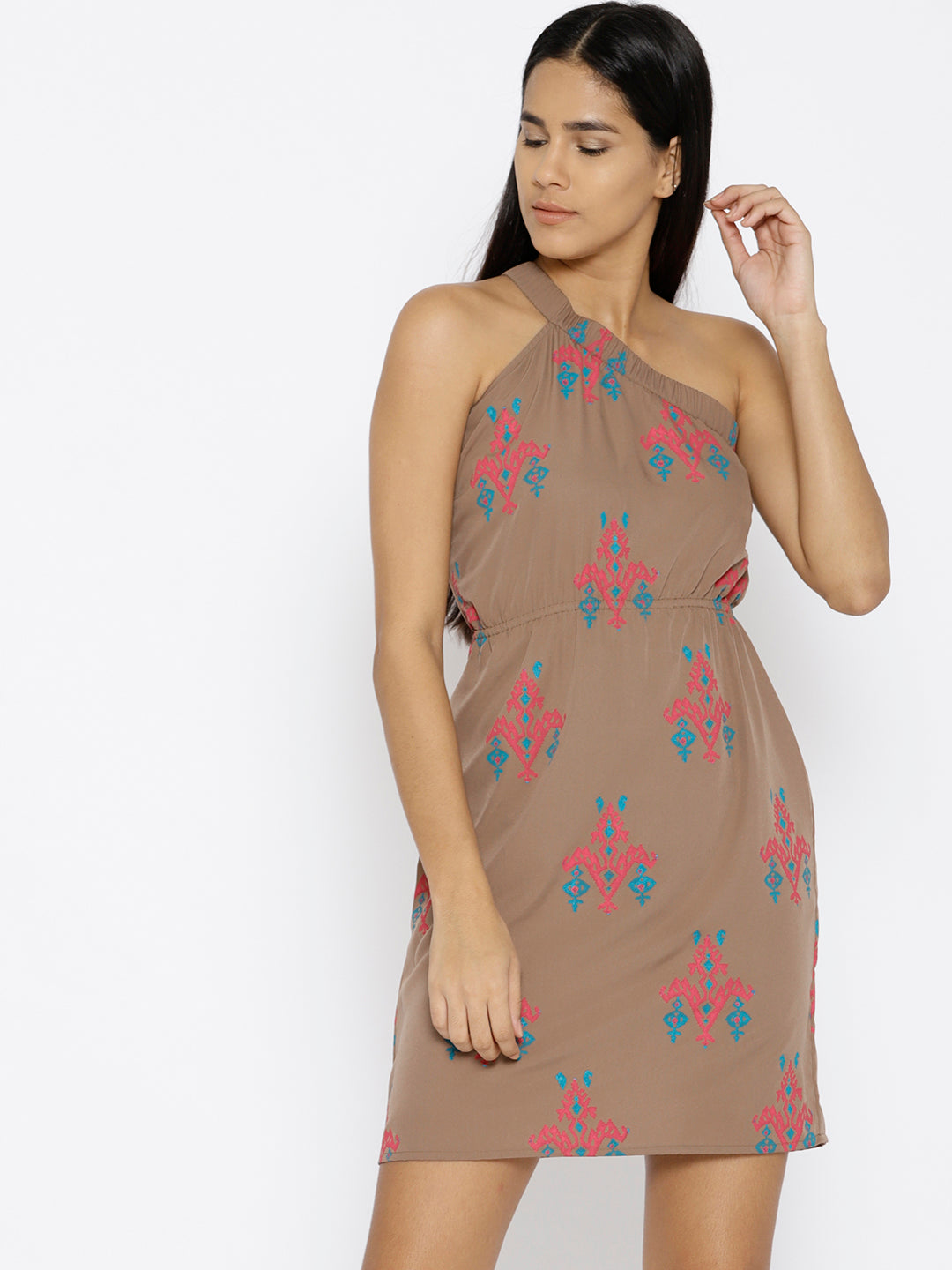 One shoulder elastic Ikat printed dress