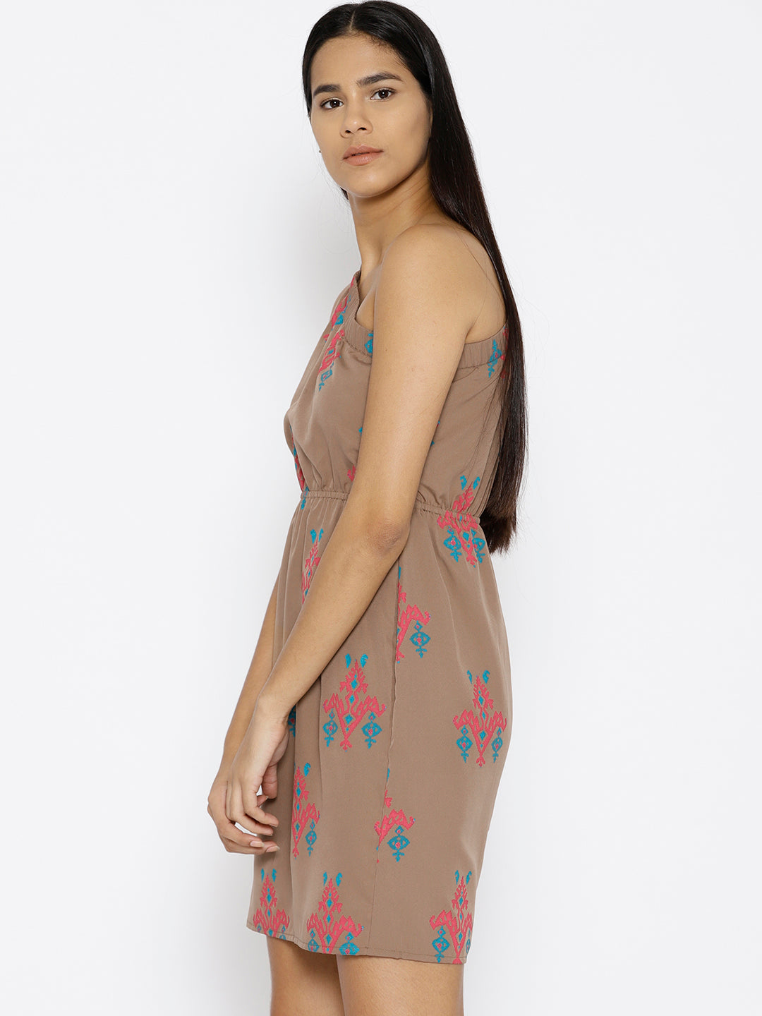 One shoulder elastic Ikat printed dress