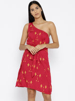 Load image into Gallery viewer, One shoulder overlap cross tie Printed Dress
