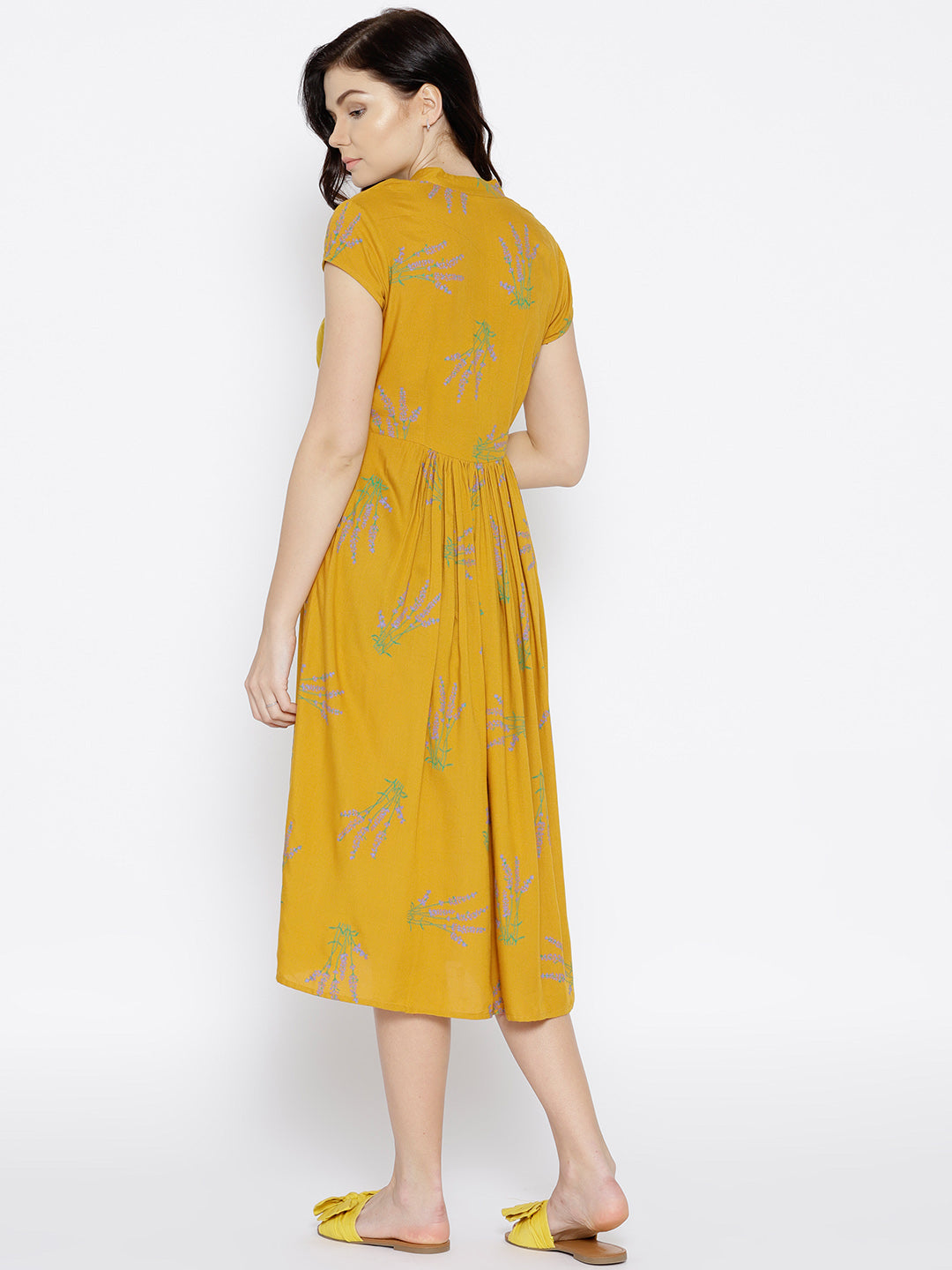 Midi pleated dress with lavender print