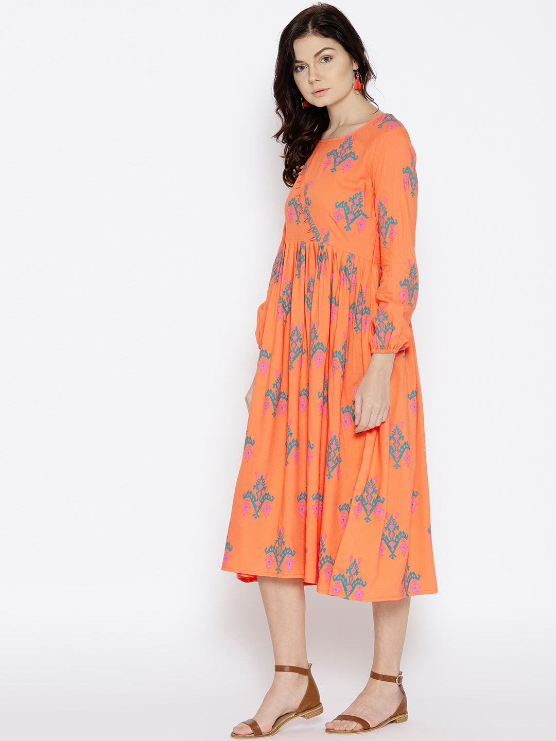 Midi dress with ikat print and balloon sleeve