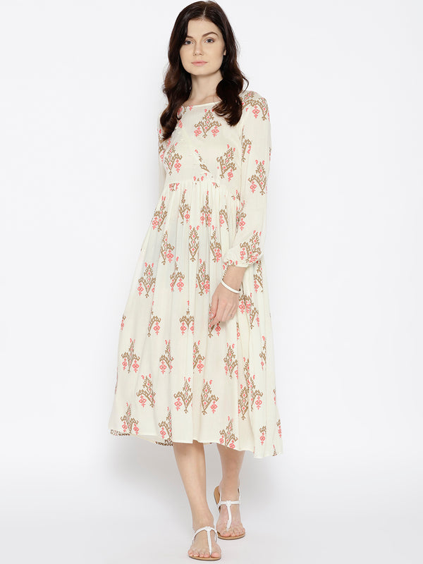 Midi dress with ikat print and balloon sleeve in Off White